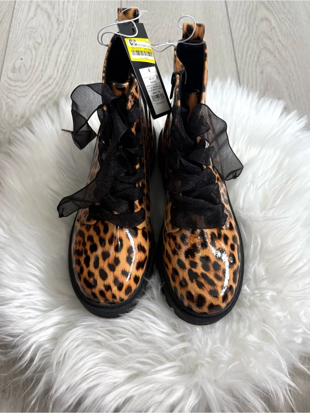 Kids Leopard Print Lace-Up Boots with Black Ribbon Laces